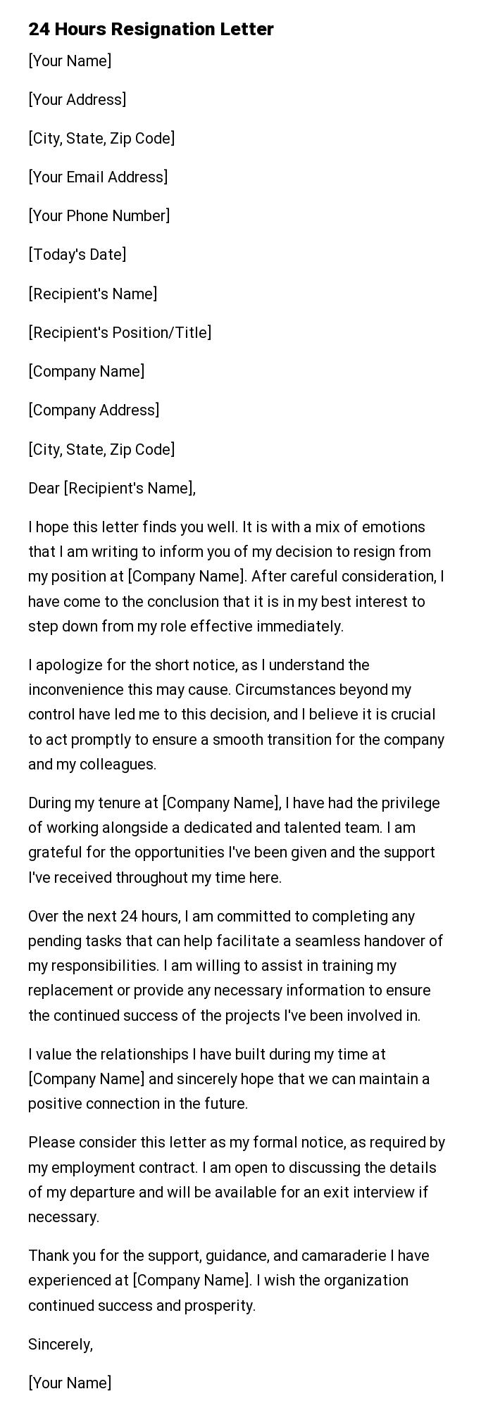 24 Hours Resignation Letter