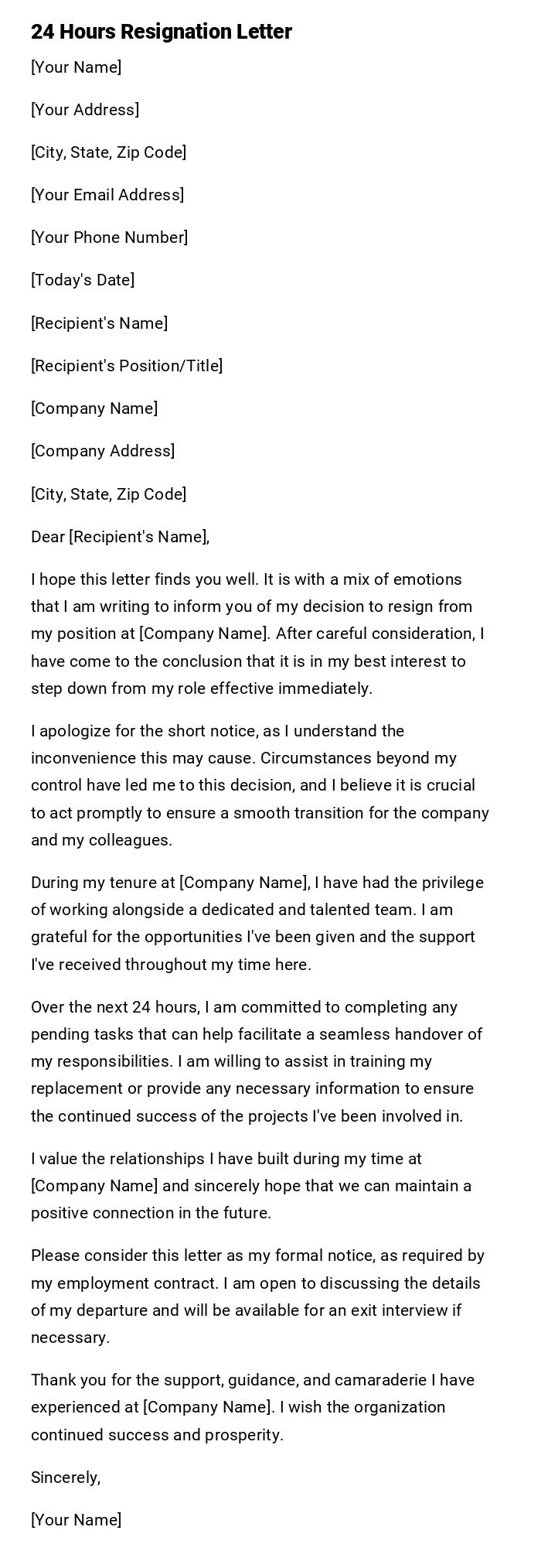 24 Hours Resignation Letter