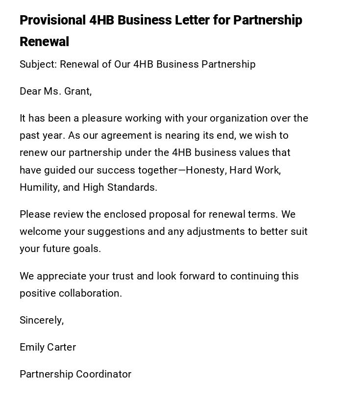 Provisional 4HB Business Letter for Partnership Renewal