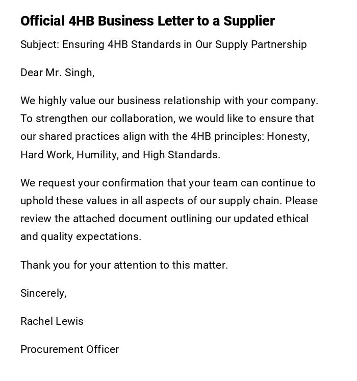Official 4HB Business Letter to a Supplier