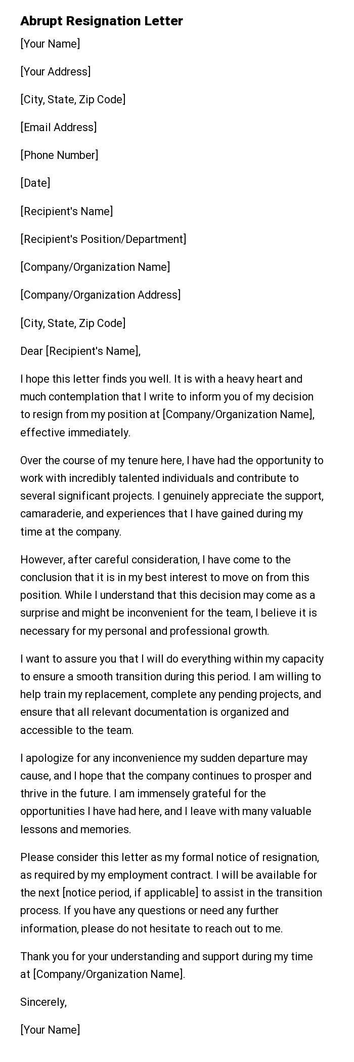 Abrupt Resignation Letter