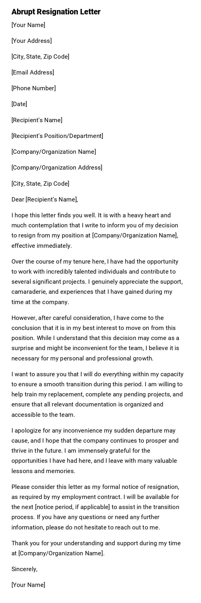 Abrupt Resignation Letter