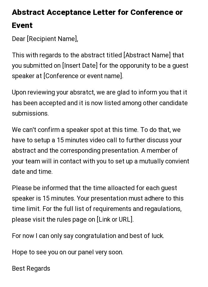 Abstract Acceptance Letter for Conference or Event