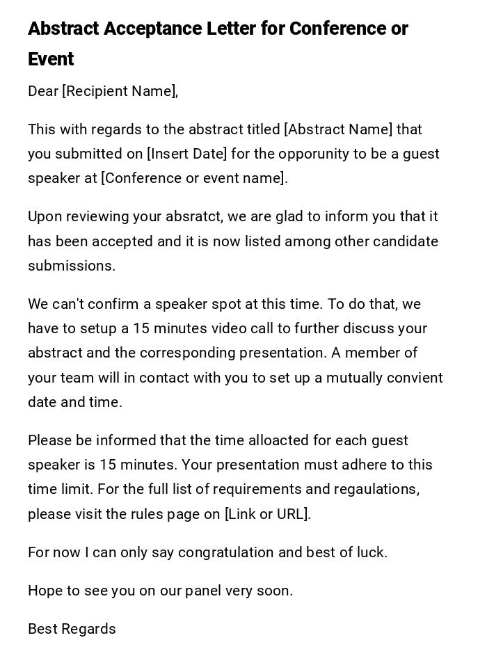 Abstract Acceptance Letter for Conference or Event