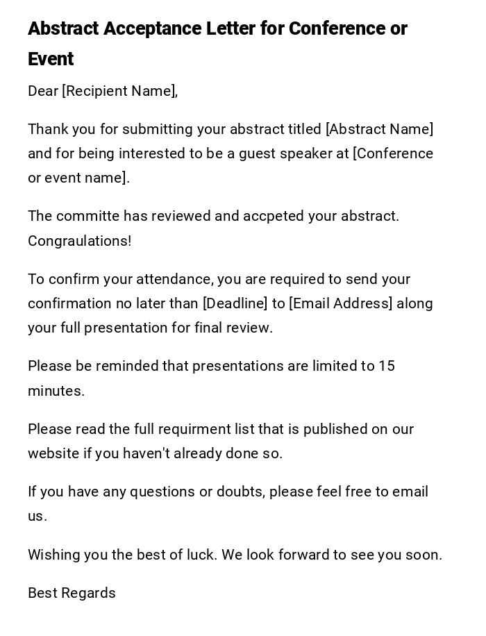 Abstract Acceptance Letter for Conference or Event