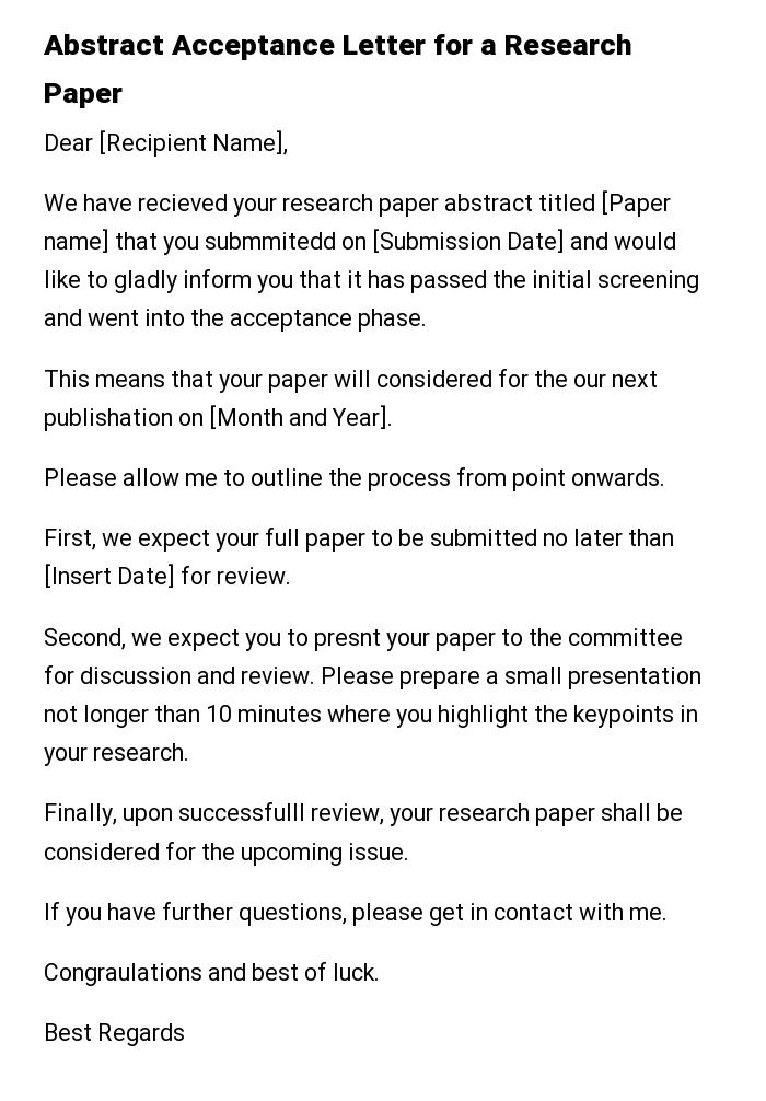 Abstract Acceptance Letter for a Research Paper