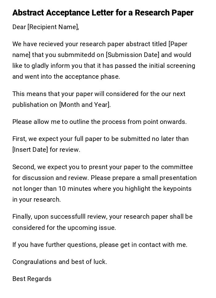 Abstract Acceptance Letter for a Research Paper