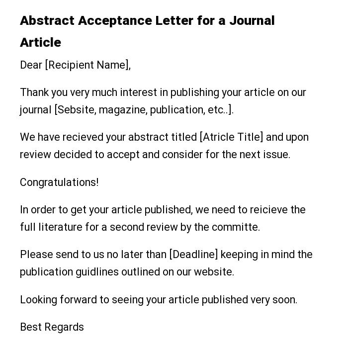 Abstract Acceptance Letter for a Journal Article