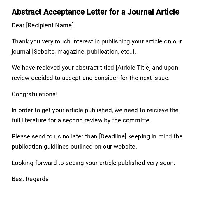 Abstract Acceptance Letter for a Journal Article