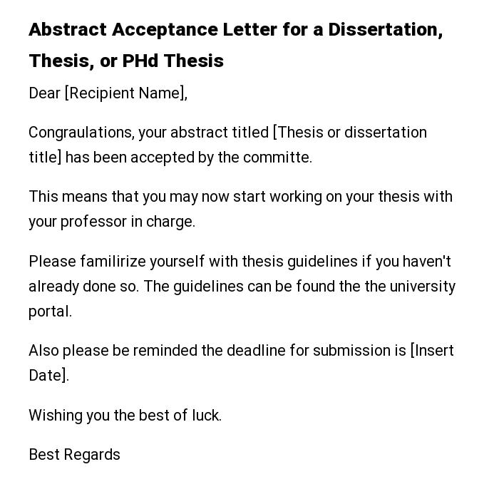Abstract Acceptance Letter for a Dissertation, Thesis, or PHd Thesis