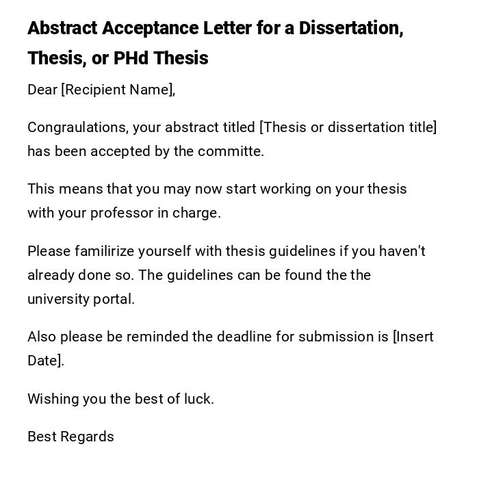 Abstract Acceptance Letter for a Dissertation, Thesis, or PHd Thesis