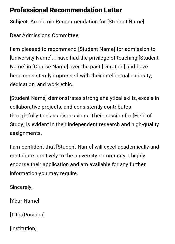 Professional Recommendation Letter