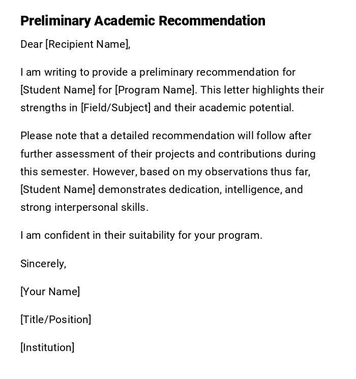 Preliminary Academic Recommendation