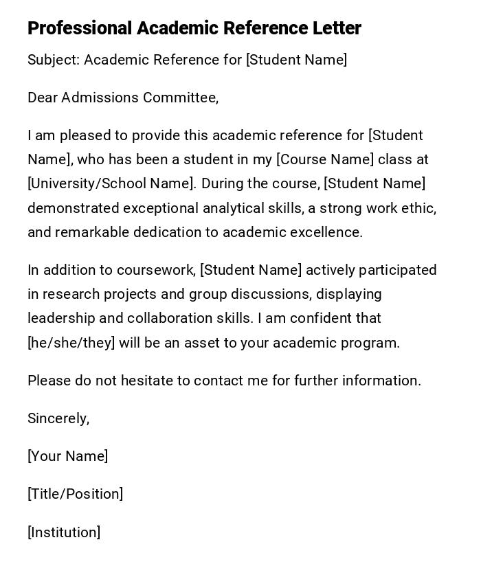 Professional Academic Reference Letter Professional Academic Reference Letter