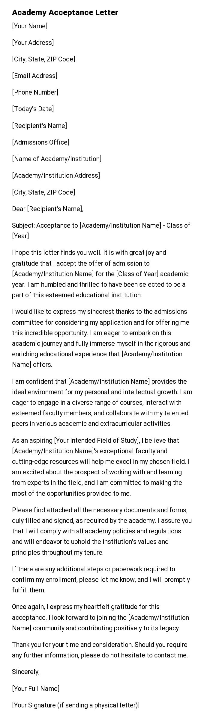 Academy Acceptance Letter