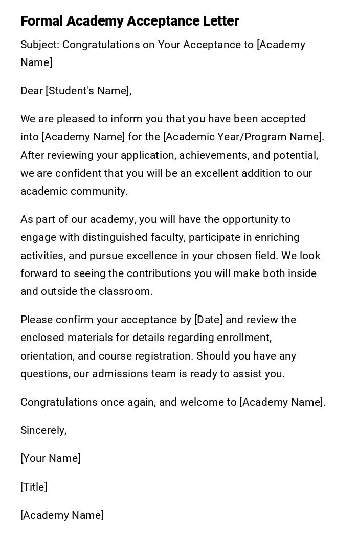 Formal Academy Acceptance Letter