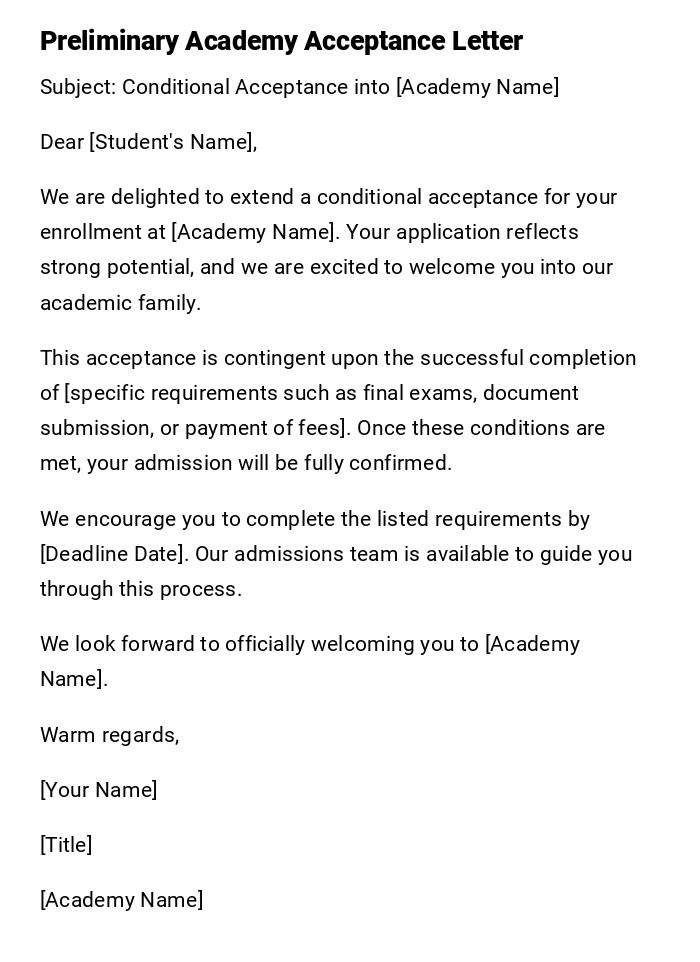 Preliminary Academy Acceptance Letter