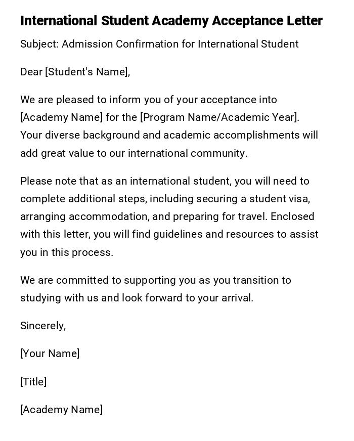 International Student Academy Acceptance Letter
