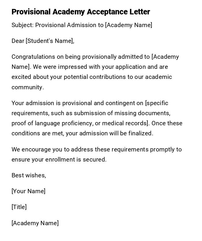Provisional Academy Acceptance Letter