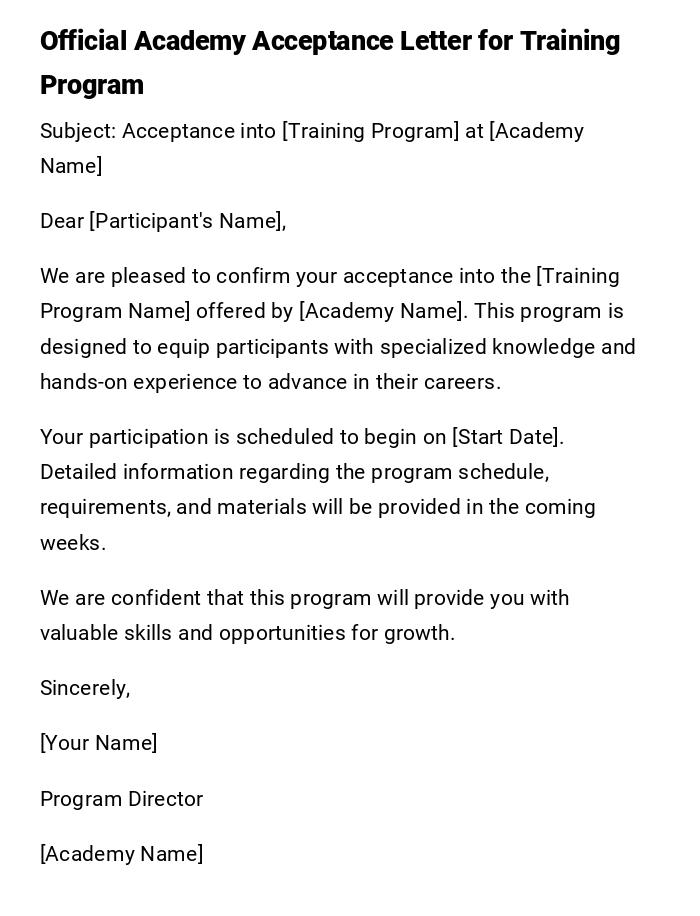 Official Academy Acceptance Letter for Training Program