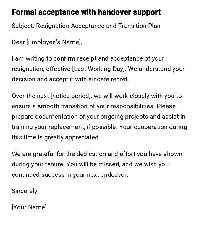 Formal acceptance with handover support Formal acceptance with handover support