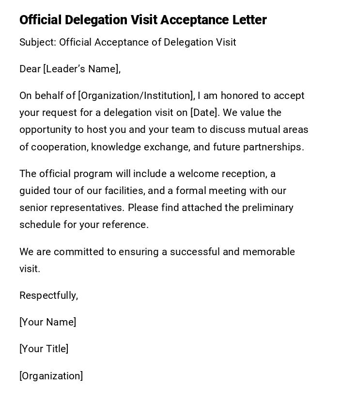 Official Delegation Visit Acceptance Letter Official Delegation Visit Acceptance Letter