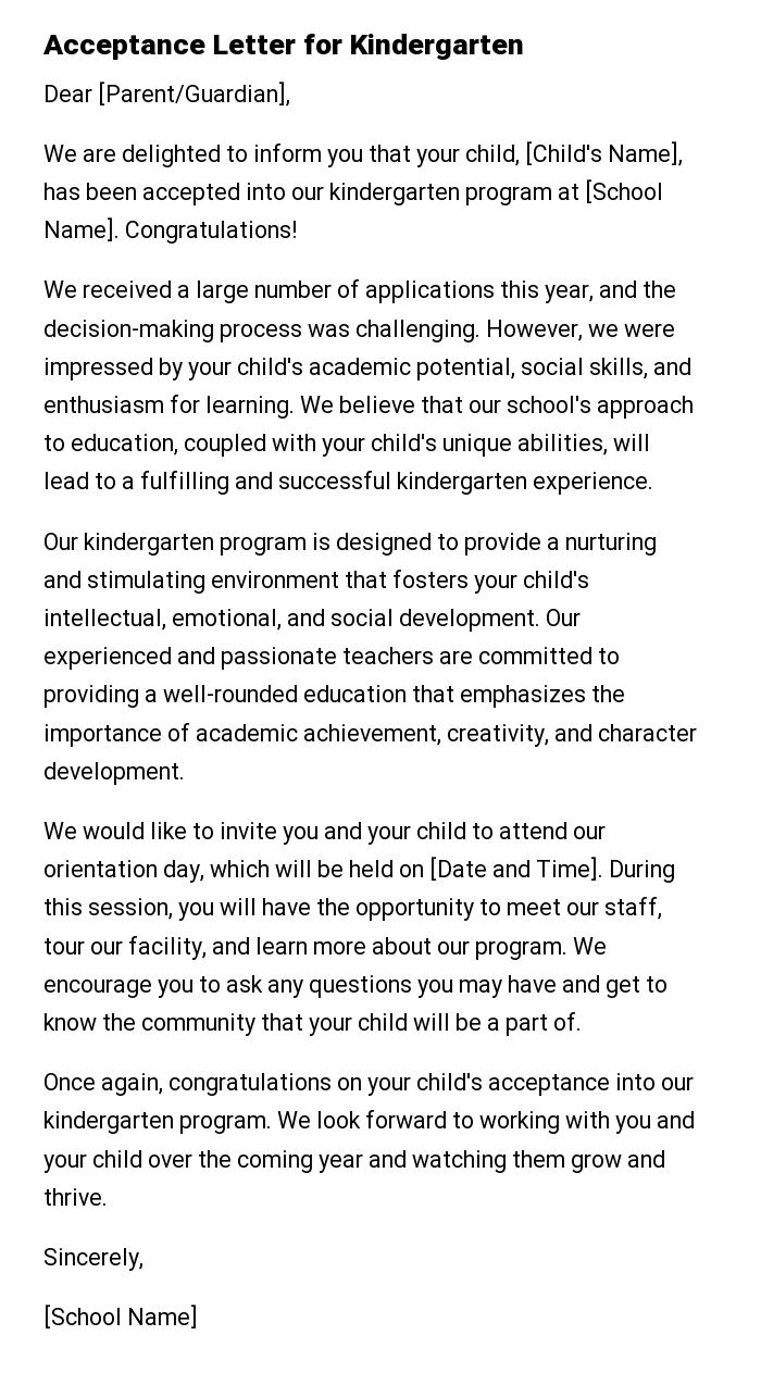 Acceptance Letter for Kindergarten