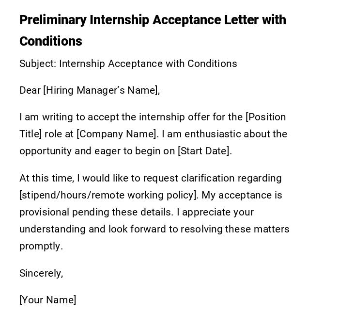 Preliminary Internship Acceptance Letter with Conditions