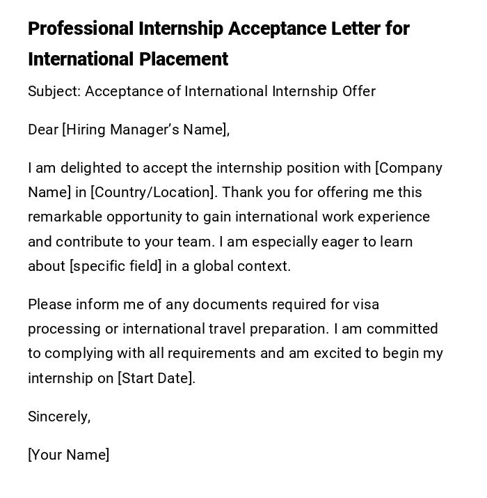 Professional Internship Acceptance Letter for International Placement