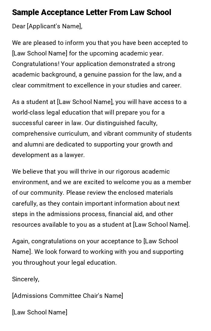 Sample Acceptance Letter From Law School