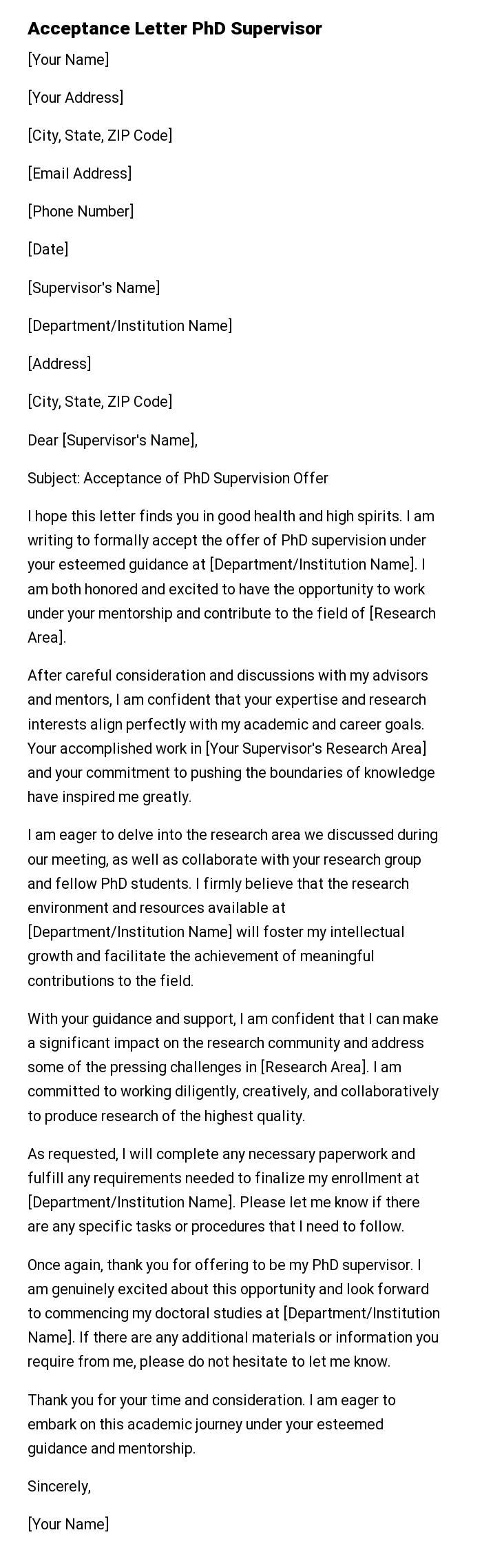 Acceptance Letter PhD Supervisor