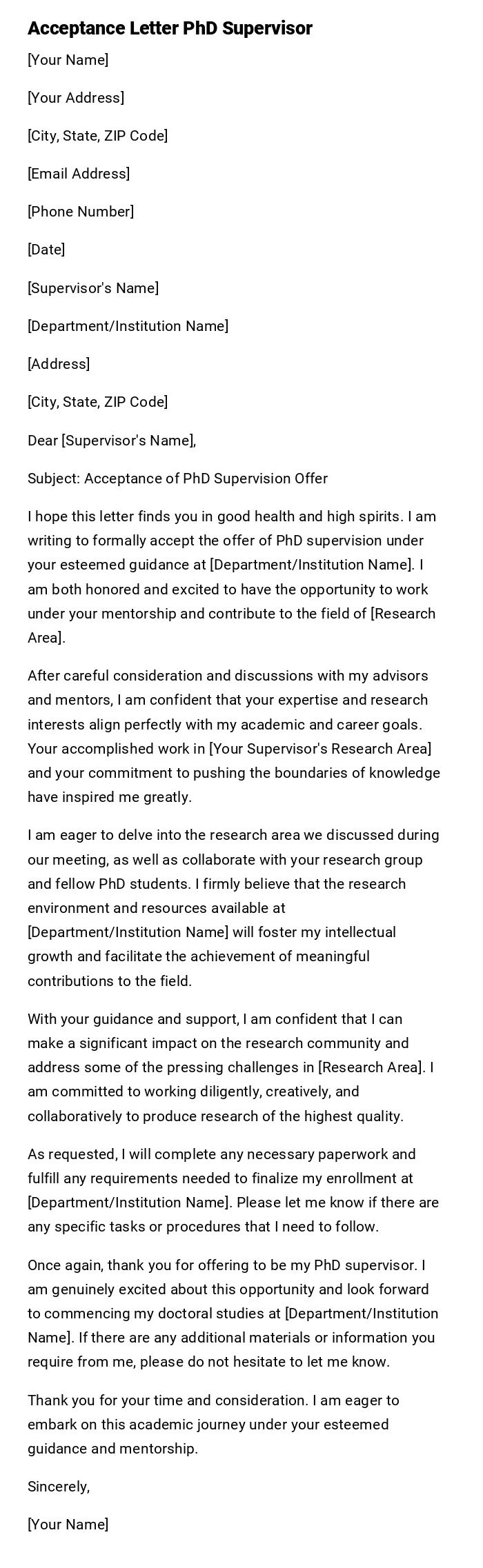 Acceptance Letter PhD Supervisor