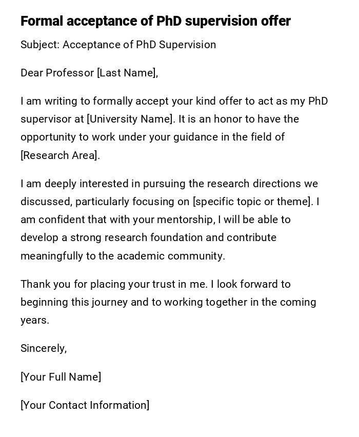Formal acceptance of PhD supervision offer Formal acceptance of PhD supervision offer