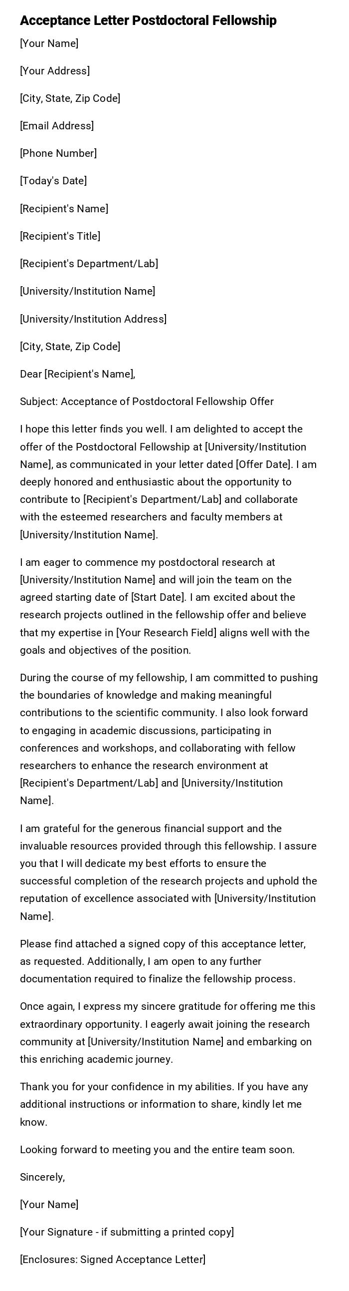 Acceptance Letter Postdoctoral Fellowship