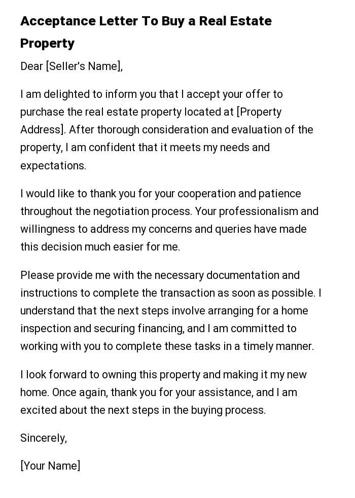 Acceptance Letter To Buy a Real Estate Property