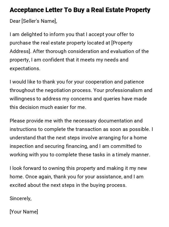 Acceptance Letter To Buy a Real Estate Property