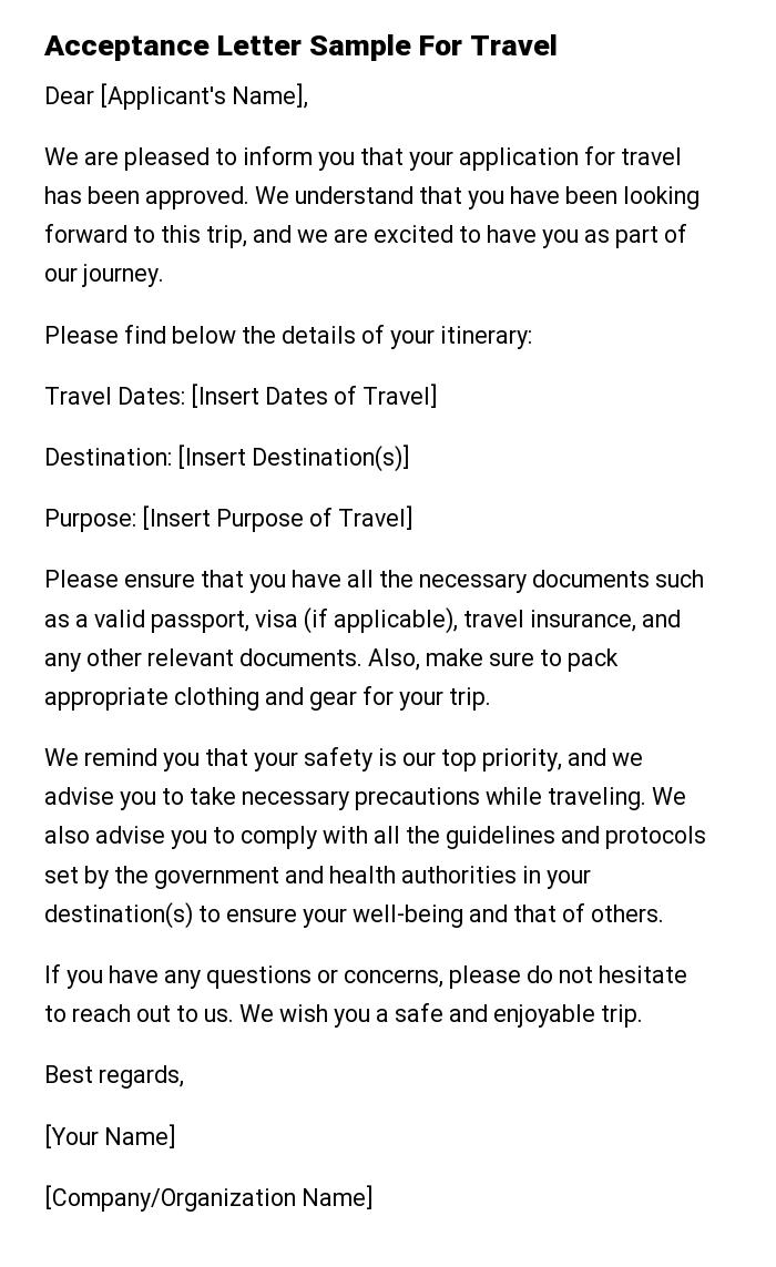 Acceptance Letter Sample For Travel