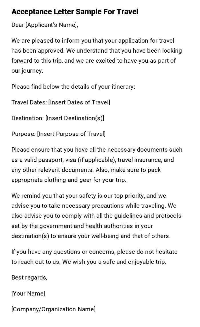 Acceptance Letter Sample For Travel