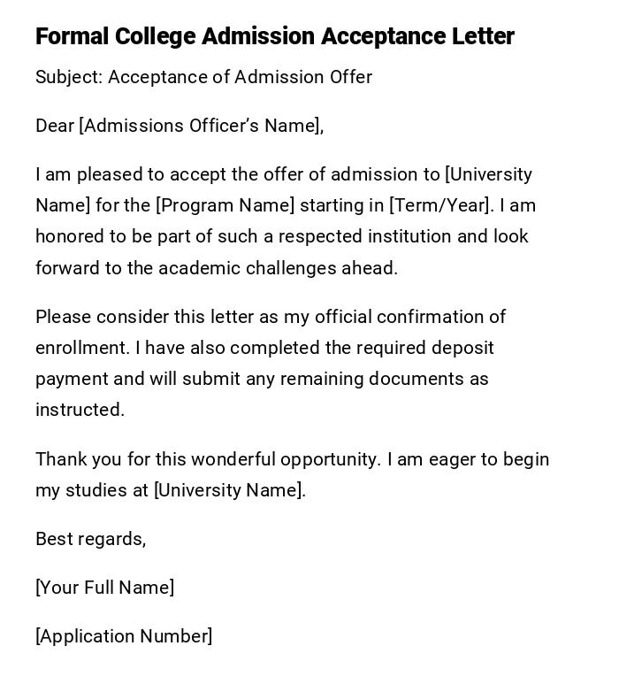 Formal College Admission Acceptance Letter Formal College Admission Acceptance Letter