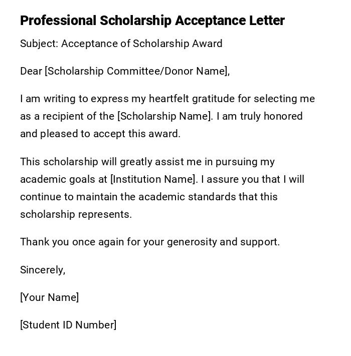 Professional Scholarship Acceptance Letter Professional Scholarship Acceptance Letter