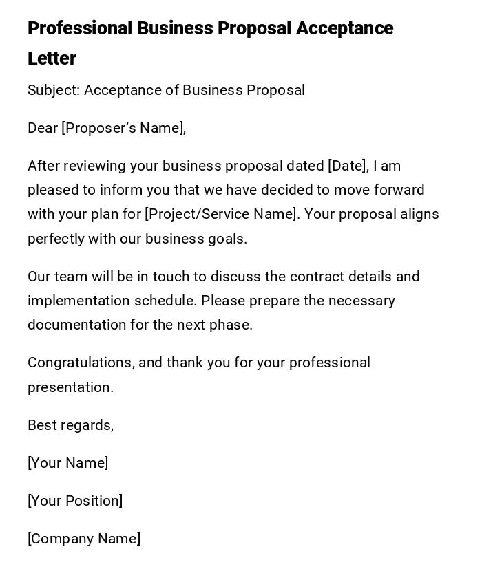 Professional Business Proposal Acceptance Letter Professional Business Proposal Acceptance Letter