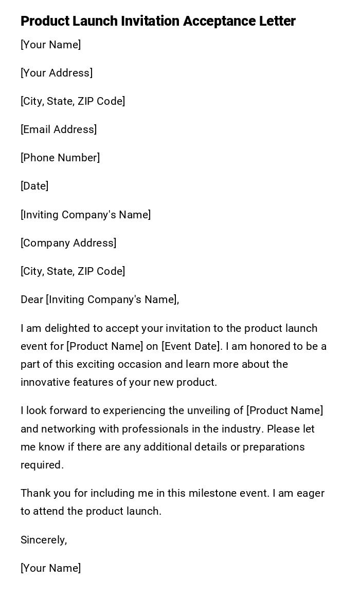 Product Launch Invitation Acceptance Letter