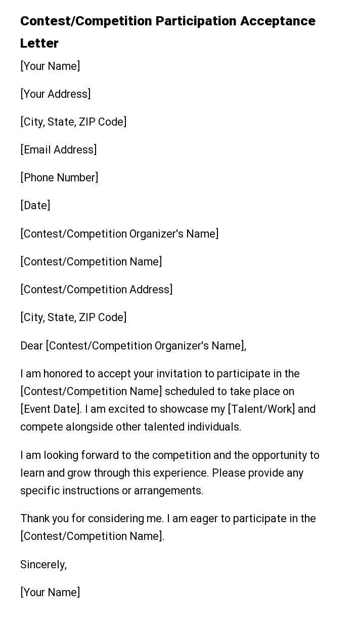 Contest/Competition Participation Acceptance Letter