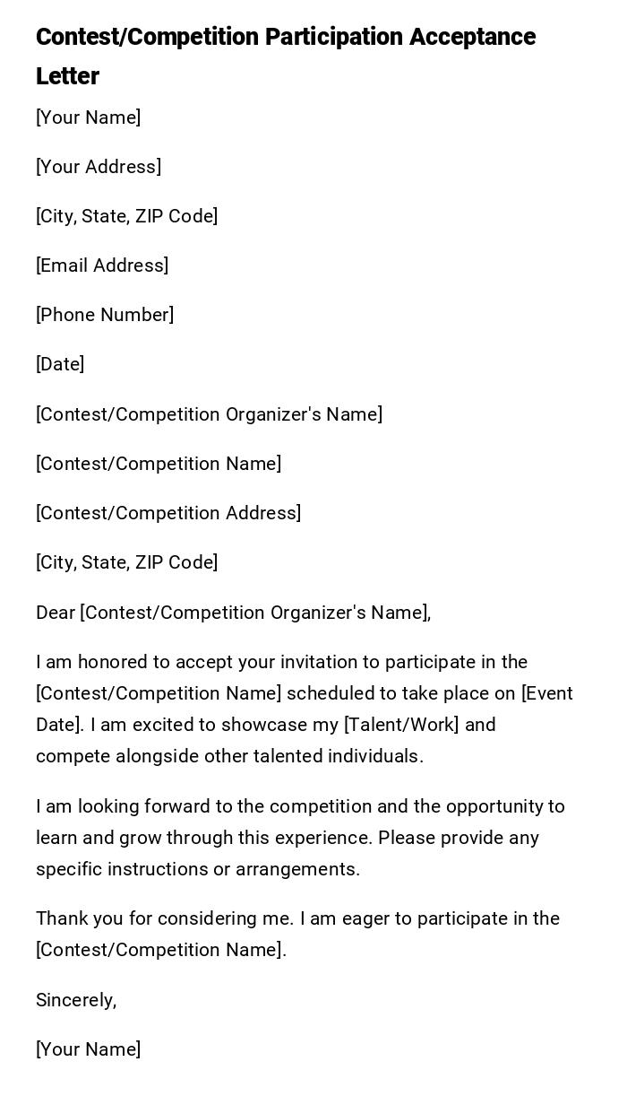 Contest/Competition Participation Acceptance Letter