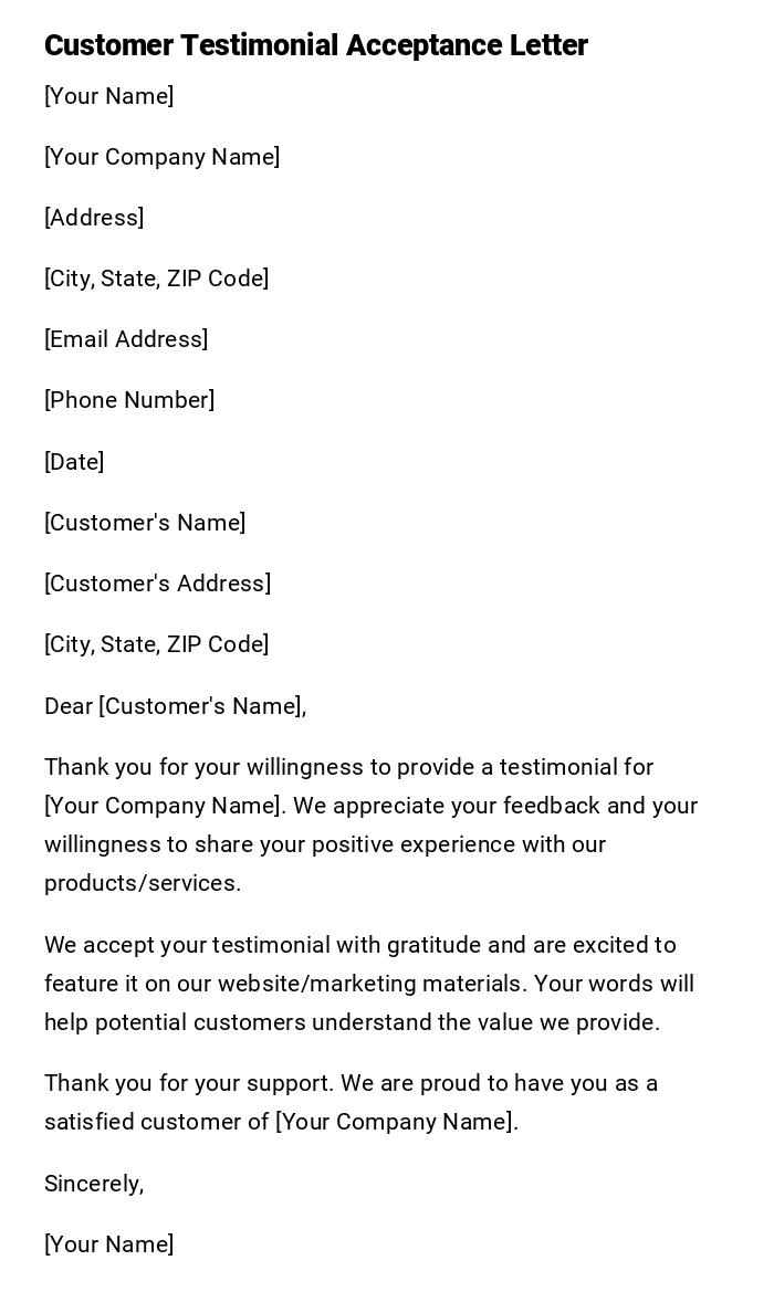 Customer Testimonial Acceptance Letter