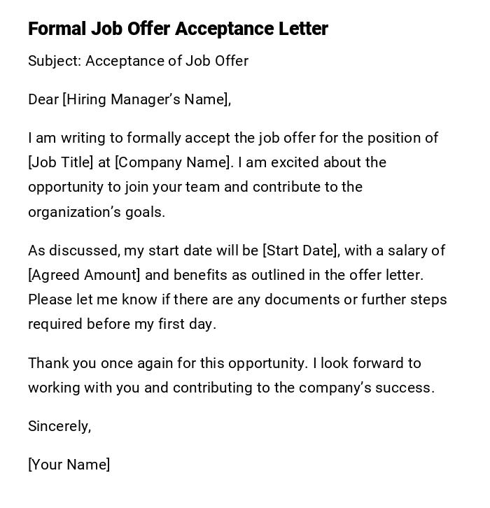 Formal Job Offer Acceptance Letter Formal Job Offer Acceptance Letter