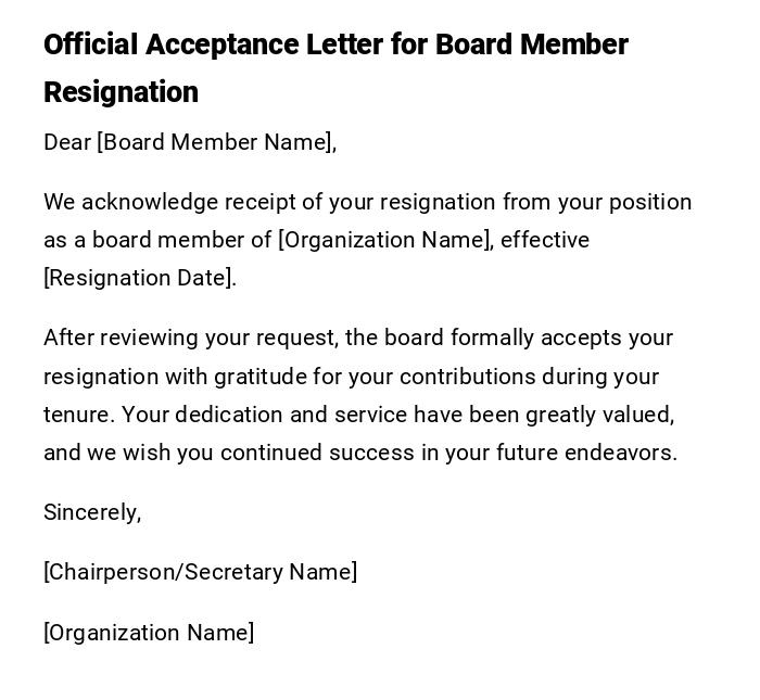 Official Acceptance Letter for Board Member Resignation Official Acceptance Letter for Board Member Resignation