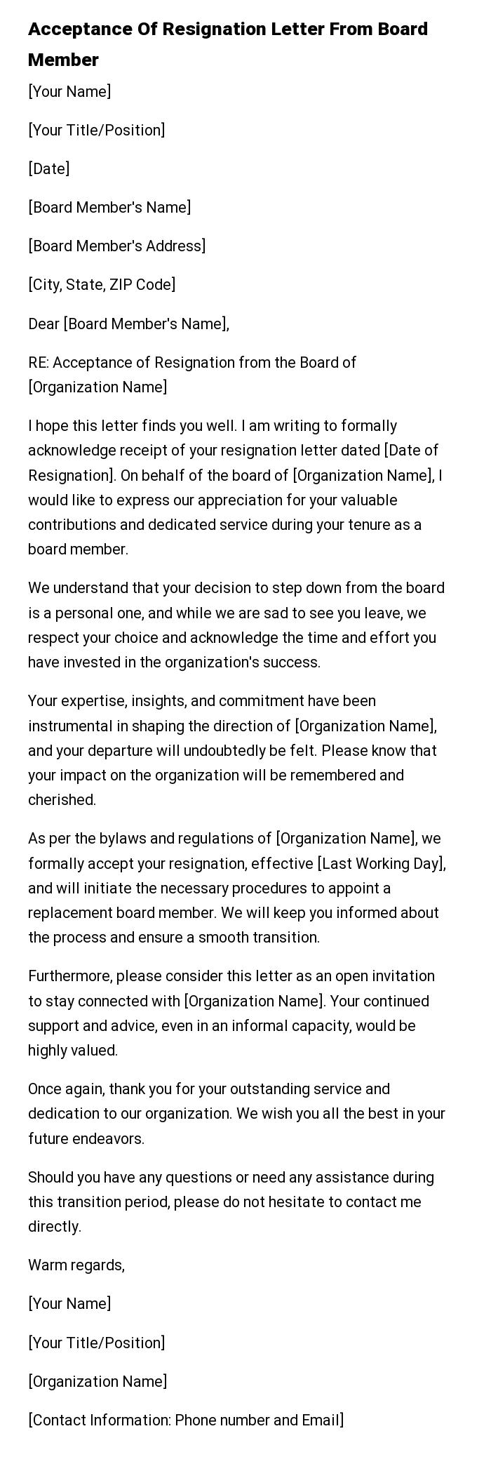 Acceptance Of Resignation Letter From Board Member