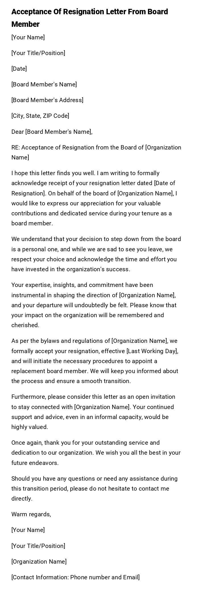 Acceptance Of Resignation Letter From Board Member