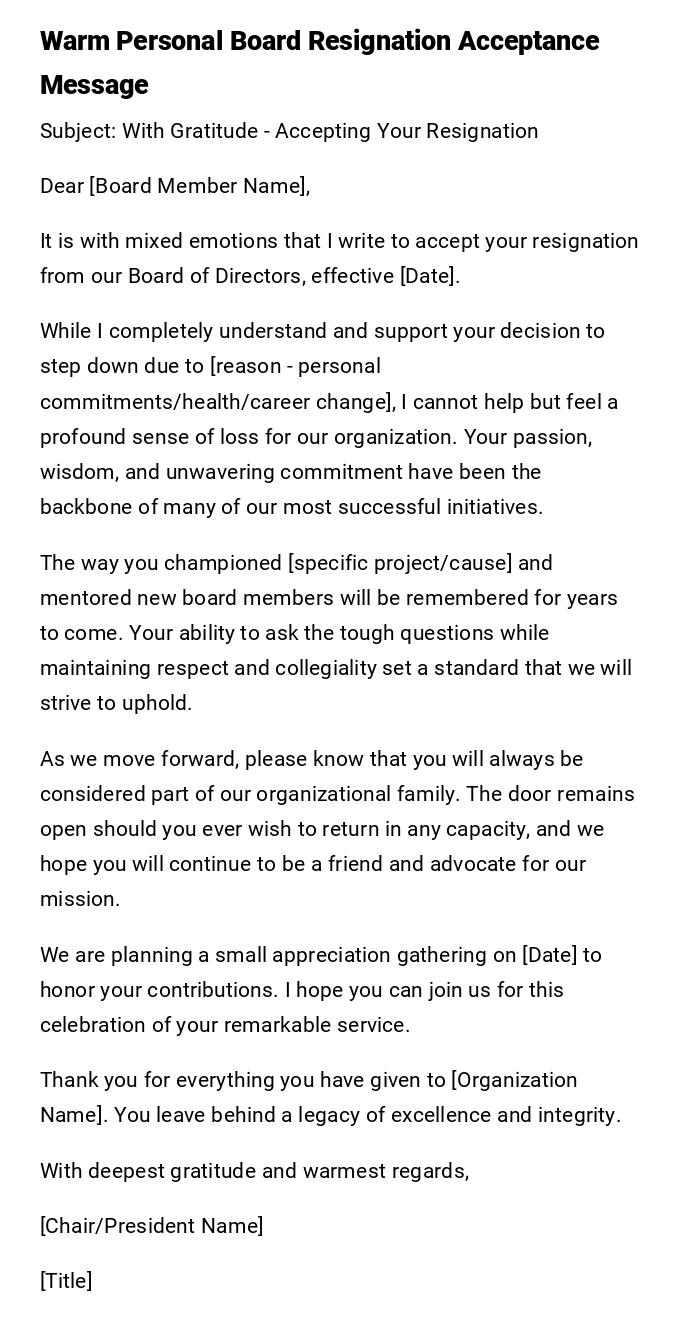 Warm Personal Board Resignation Acceptance Message Warm Personal Board Resignation Acceptance Message